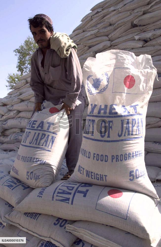 WFP staff sorts wheat from Japan in Peshawar