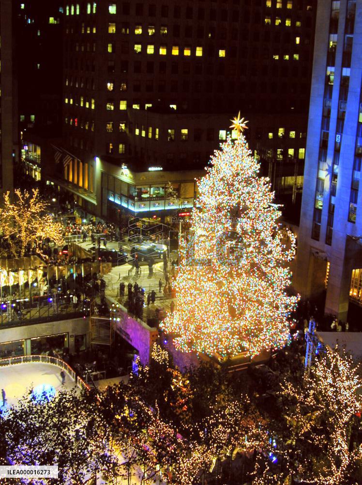 Christmas tree lit up at Rockfeller Center