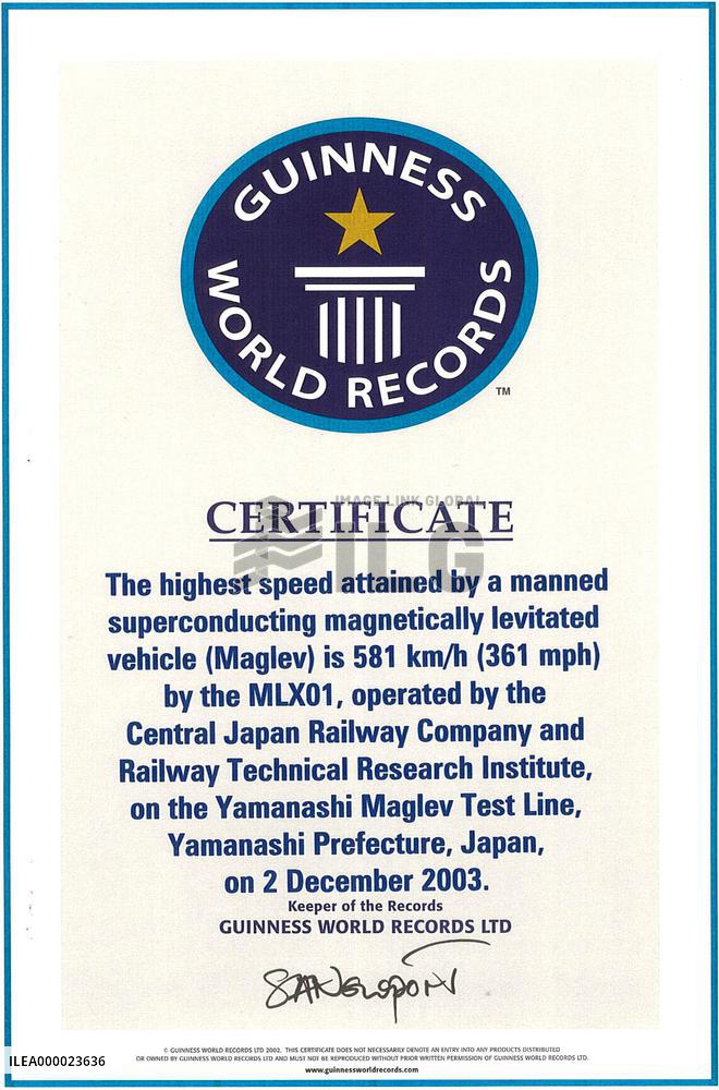 Guinness identifies Japanese maglev speed as world's fastest