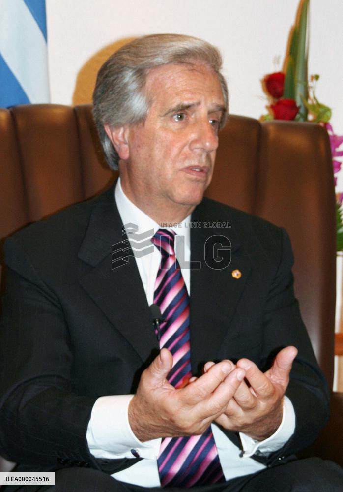 Uruguay President Vazquez speaks to reporters in Tokyo