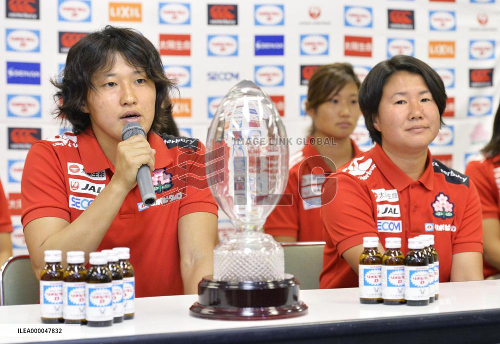 Japan women's rugby team captain, coach at press conference