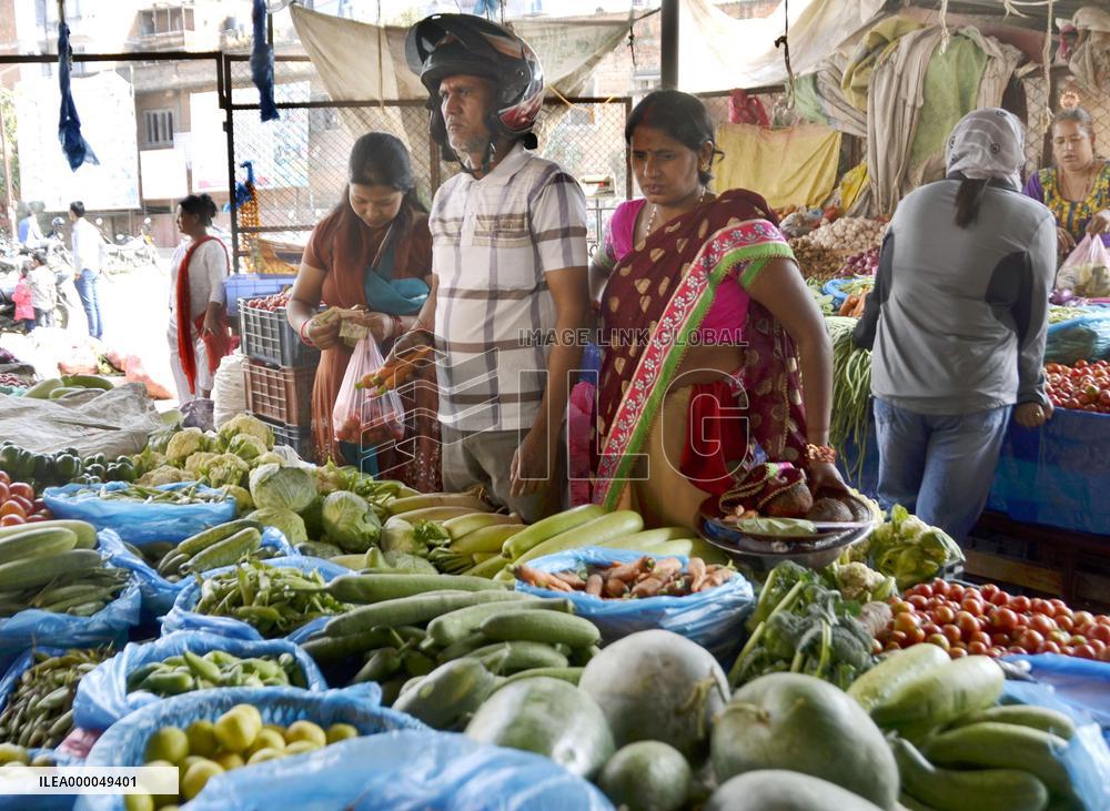 Nepalese shop at vegetable market in Kathmandu