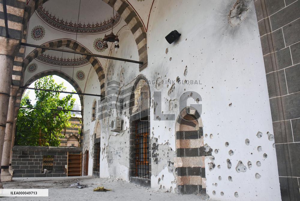 Bullet holes on mosque wall in Kurdish city in Turkey