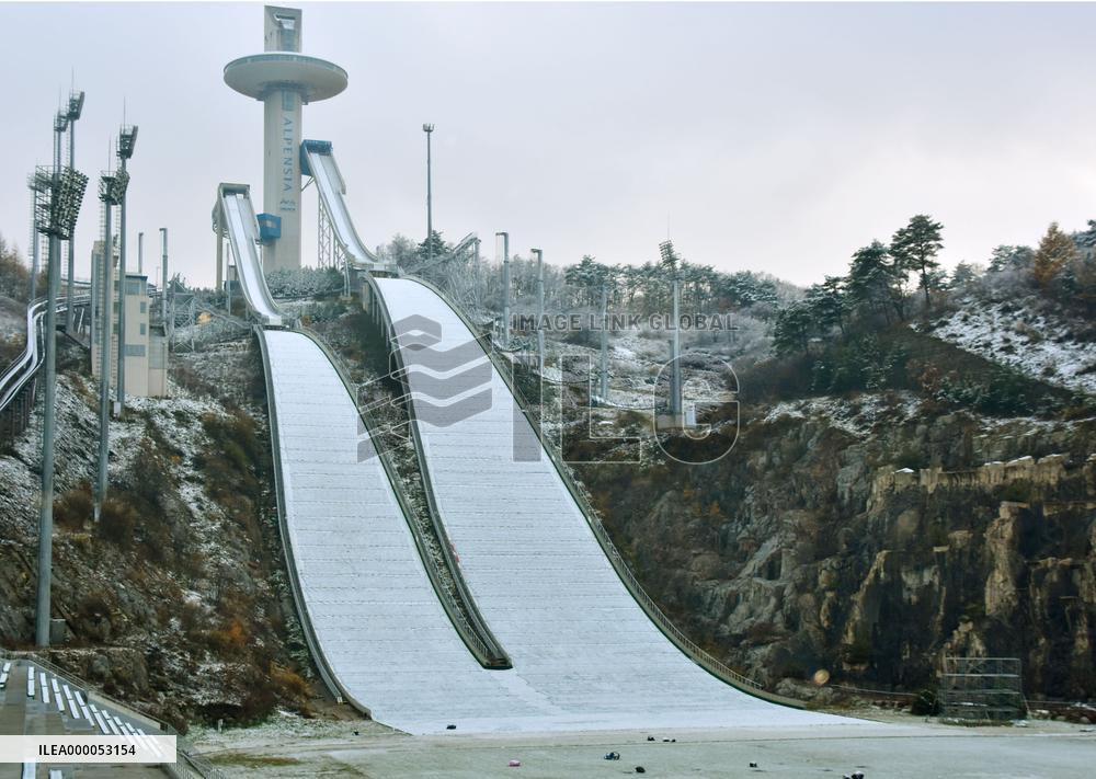 Nordic ski jumping hill for 2018 Olympics covered with snow