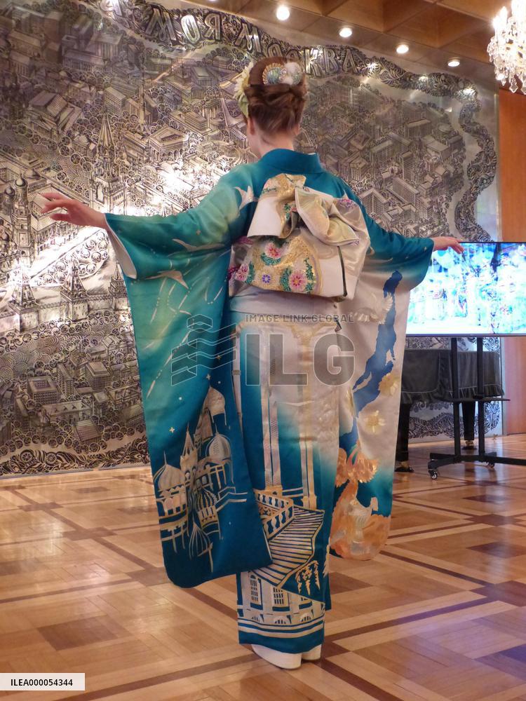 Model wearing Russia-themed kimono