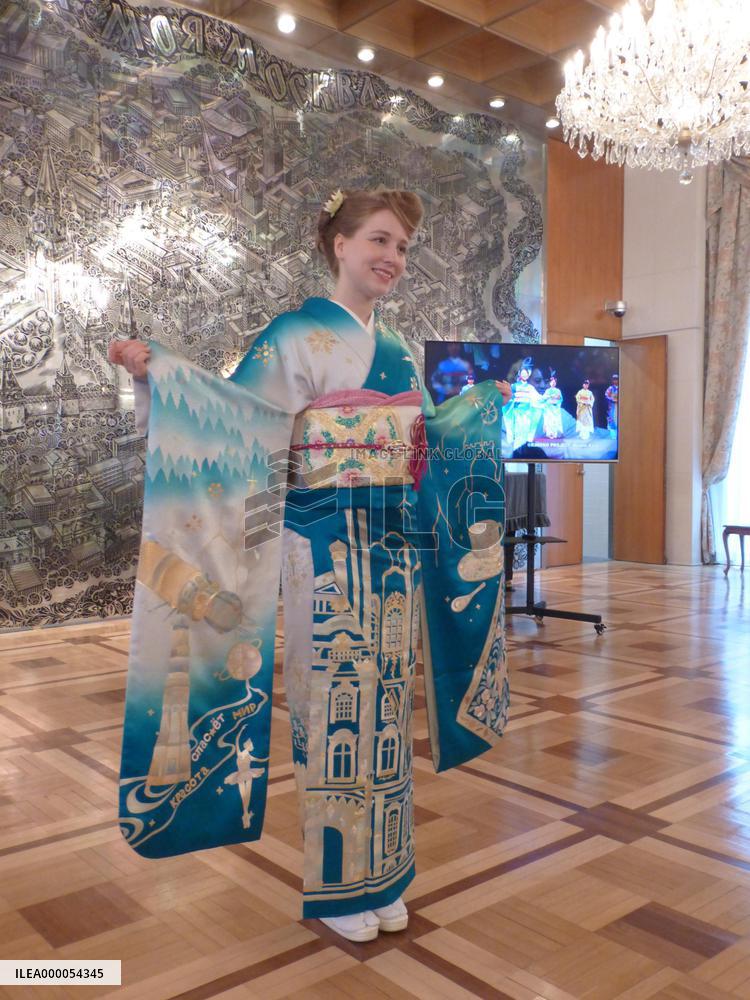 Model wearing Russia-themed kimono