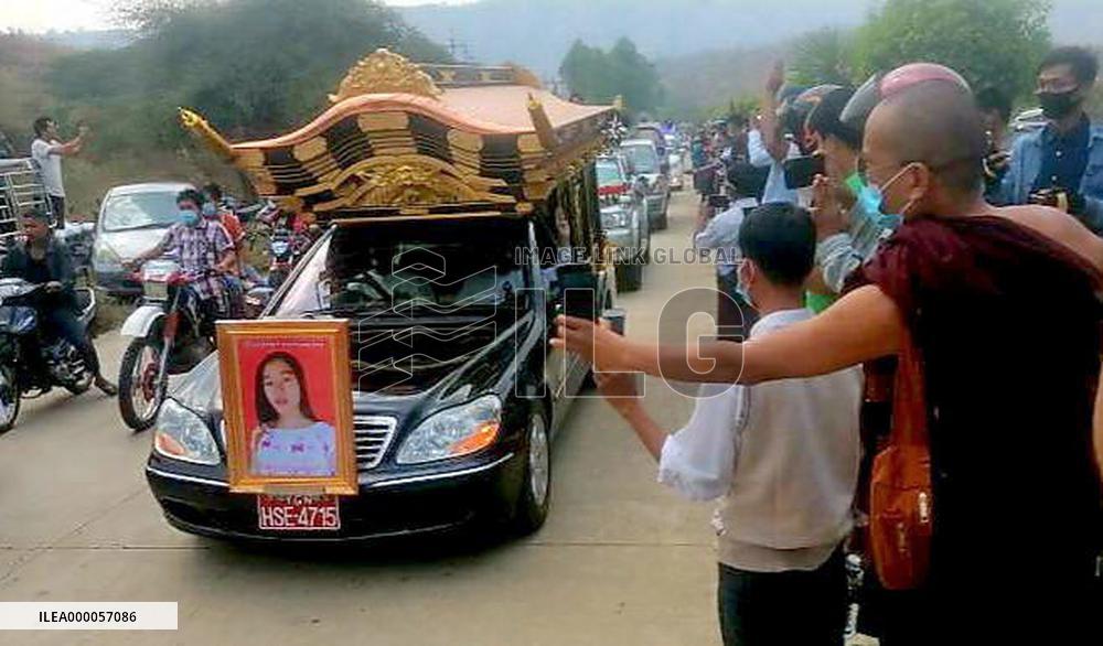 CORRECTED: Funeral of woman killed by riot police in Myanmar