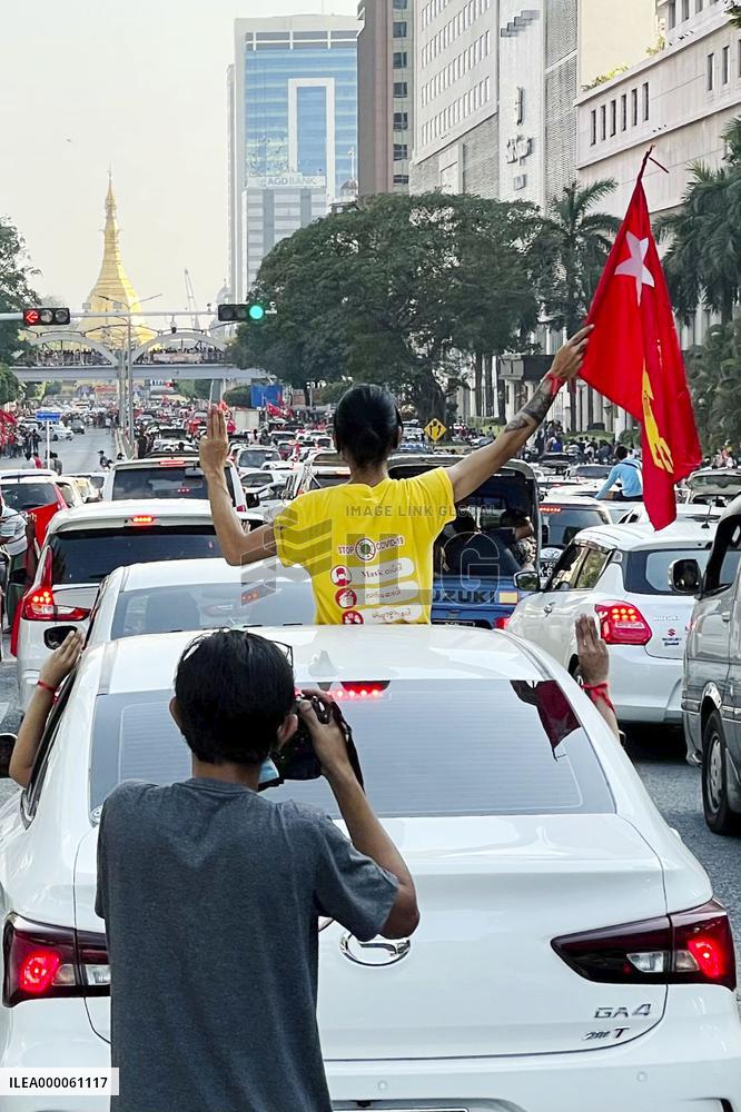 Media crews covering Myanmar anti-coup protest