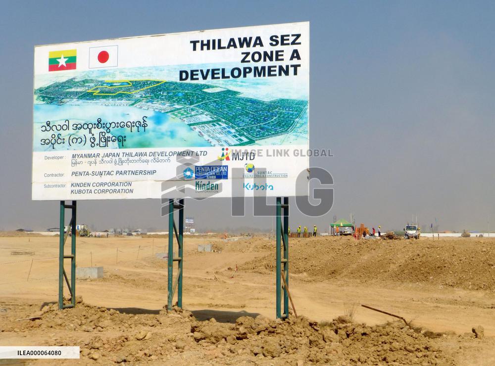 Billboard stands in Thilawa economic zone near Yangon
