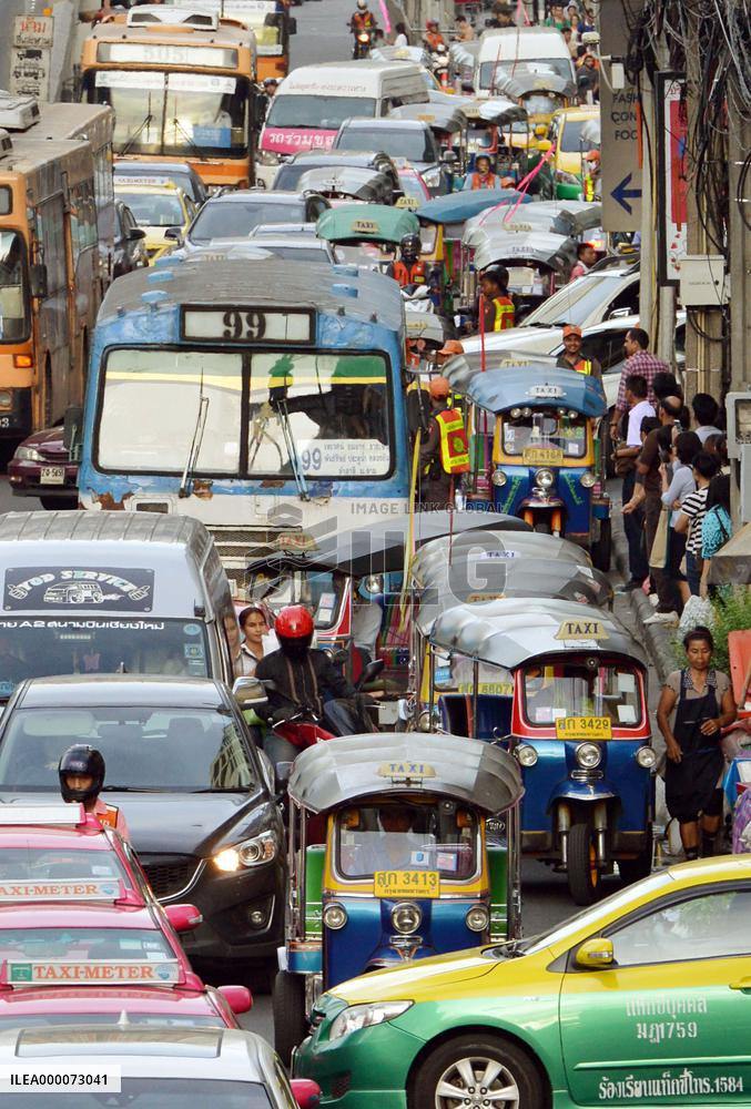 Vehicles stuck in heavy traffic in Bangkok