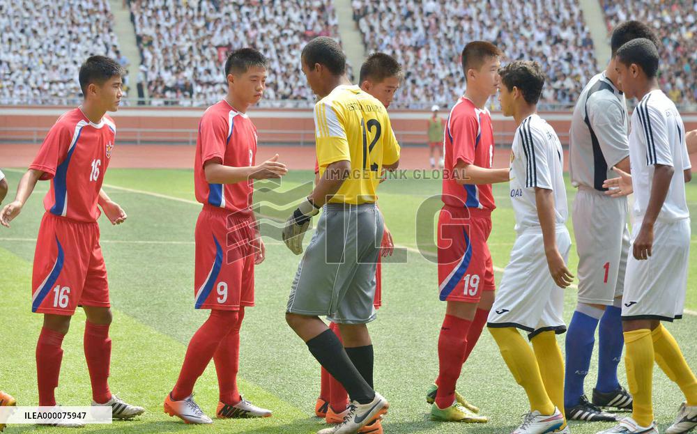 Young soccer players from N. Korea, Brazil greet one another in Pyongyang