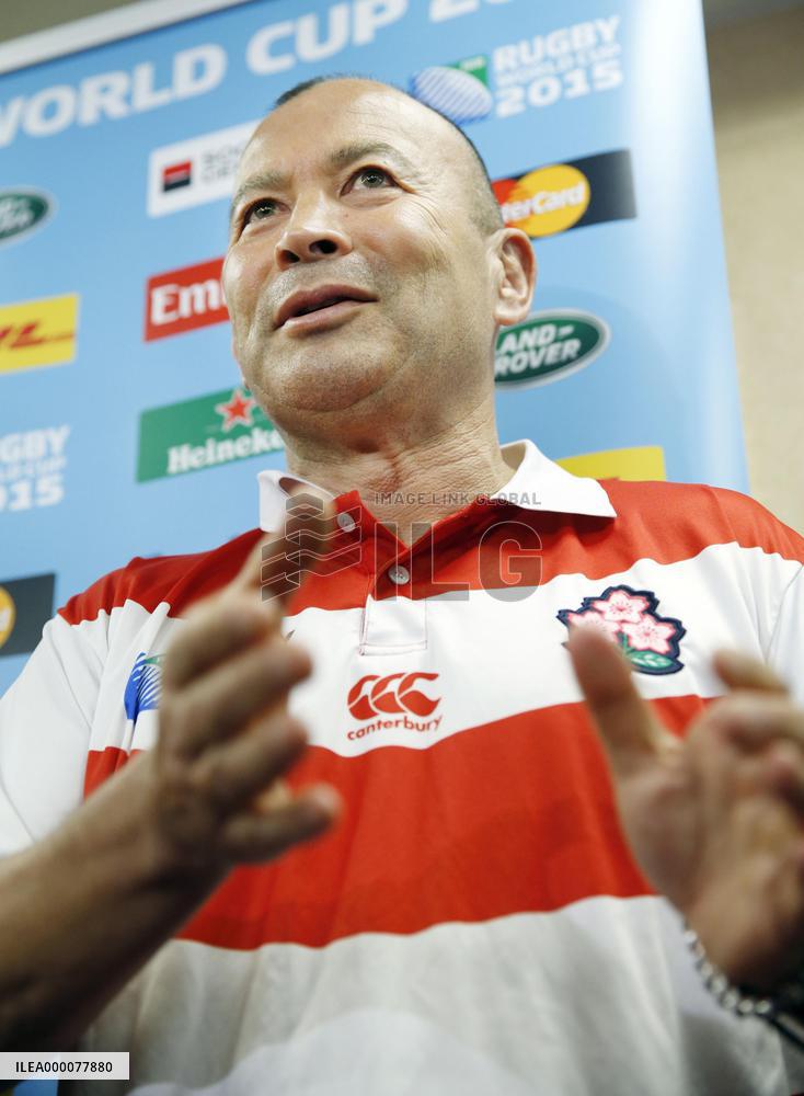 Japan ruby head coach Eddie Jones speaks to reporters