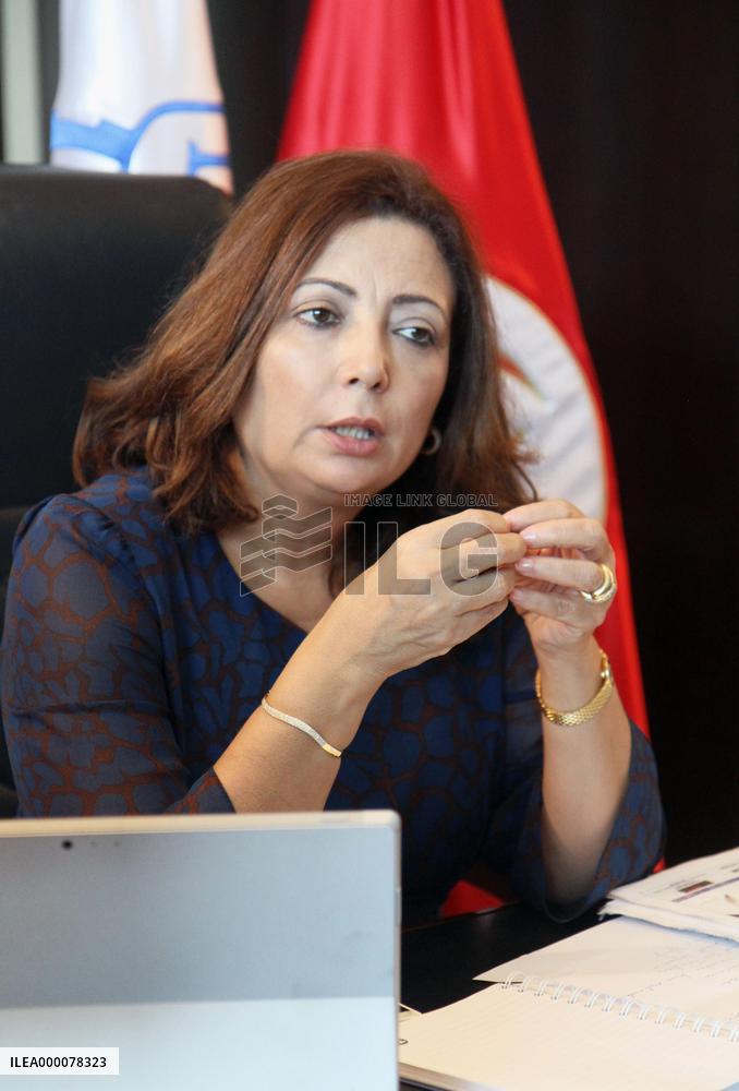Wided Bouchamaoui speaks to Kyodo News in Tunis