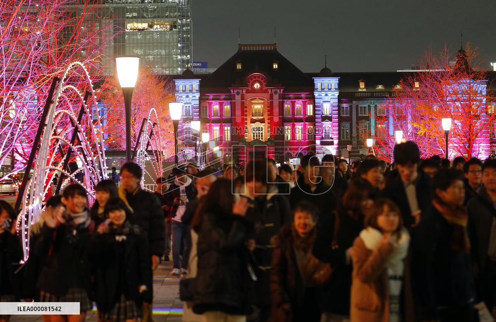 Tokyo station building illuminated