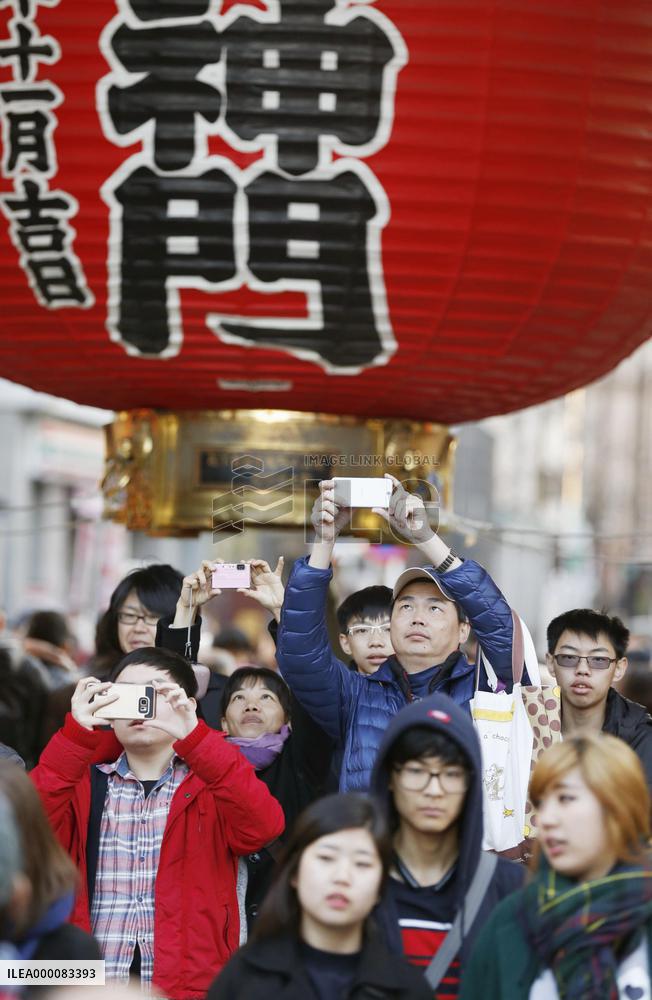 Foreign tourists at Tokyo's Kaminarimon gate