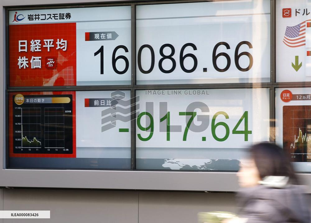 Tokyo stocks down over 5% on global equity sell-off