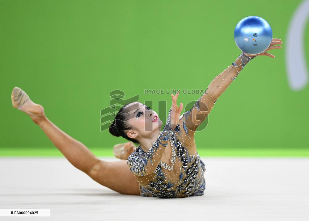 Japan rhythmic gymnast Minagawa performs with ball