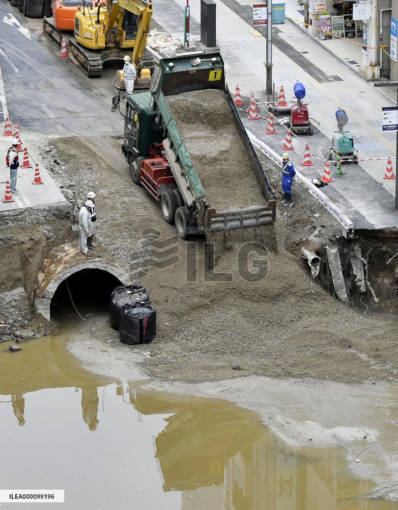 Work continues to fill huge sinkhole in Fukuoka