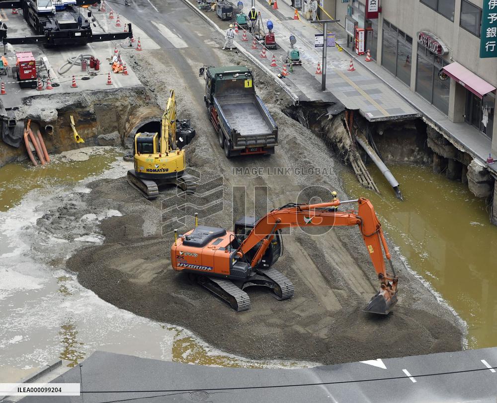 Work continues to fill huge sinkhole in Fukuoka