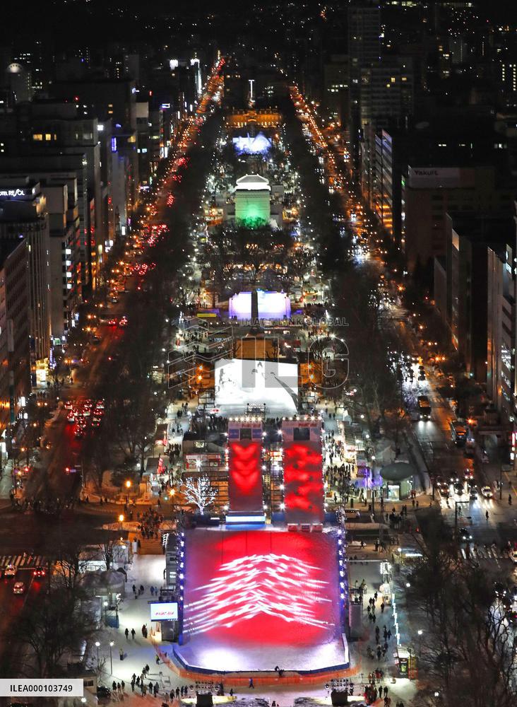 Snow statues lit up in Sapporo prior to Snow Festival