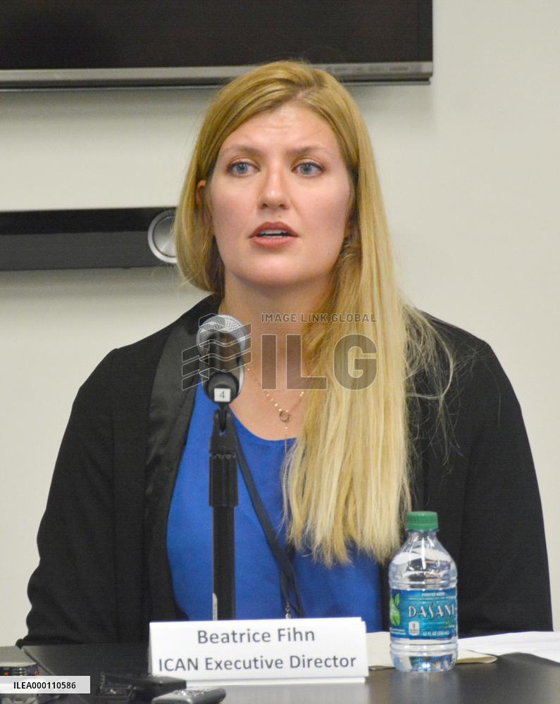 NGO chief at press conference at U.N. headquarters