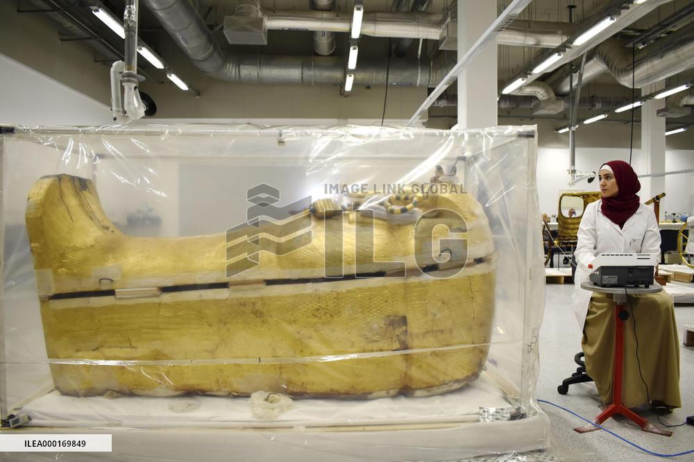 King Tutankhamun's gilded sarcophagus undergoing restoration