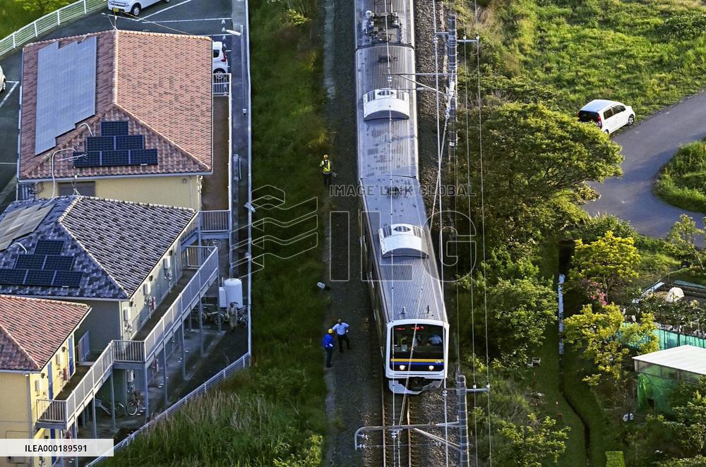 Derailed train car in Japan