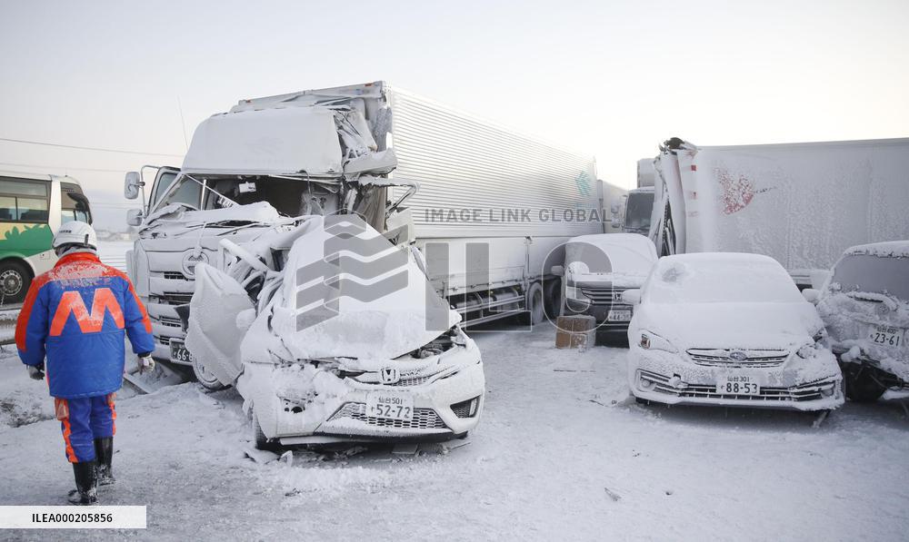 Multiple-vehicle collision on snow-blanketed expressway in northeastern Japan