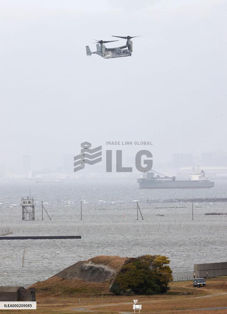 Osprey flies outside Camp Kisarazu in Japan