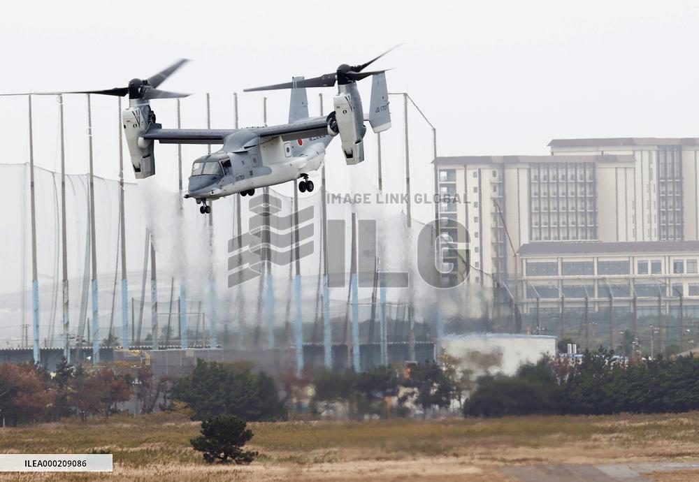 Osprey flies outside Camp Kisarazu in Japan