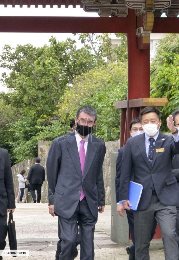 Japan's administrative reform minister at fire-hit Shuri Castle