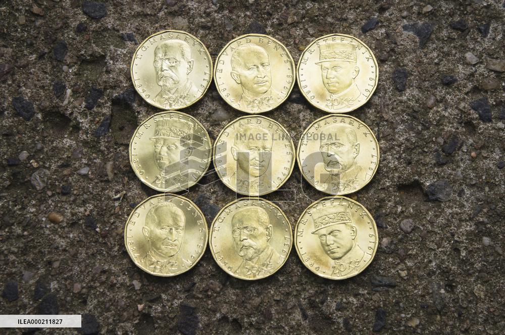 20-crown coins with the portraits of T. G. Masaryk, M. R. Stefanik and Edvard Benes