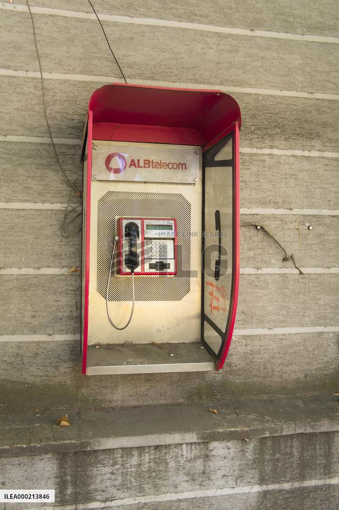 Tirana, ALBtelecom, street phone booth, telephone