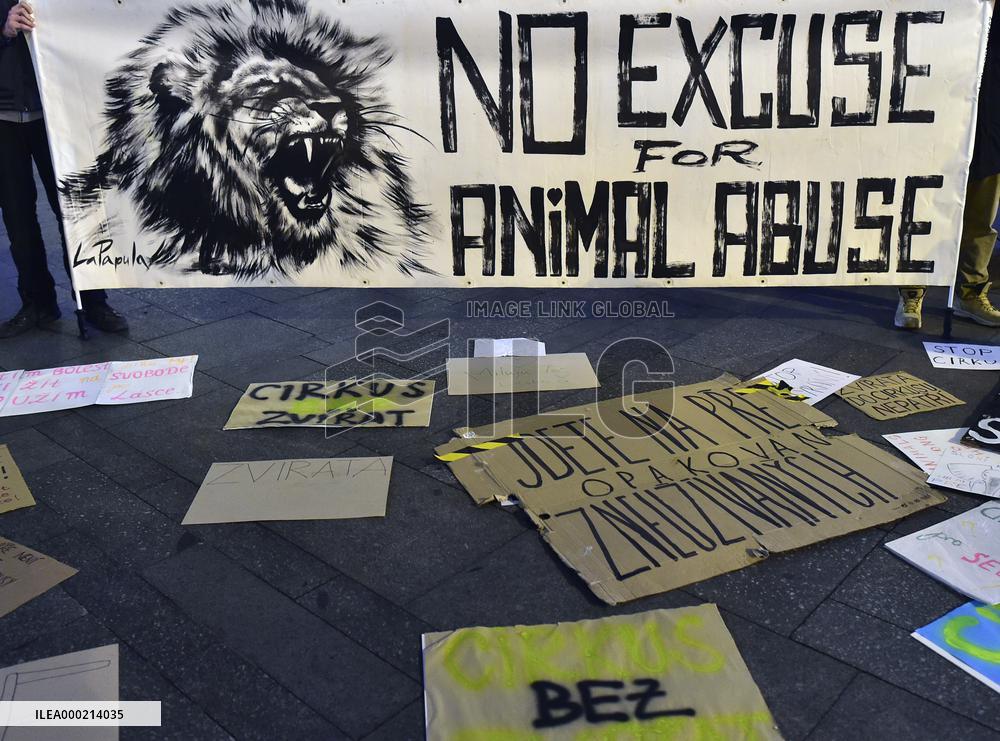 march for circuses without animals, banner NO EXCUSE FOR ANIMAL ABUSE