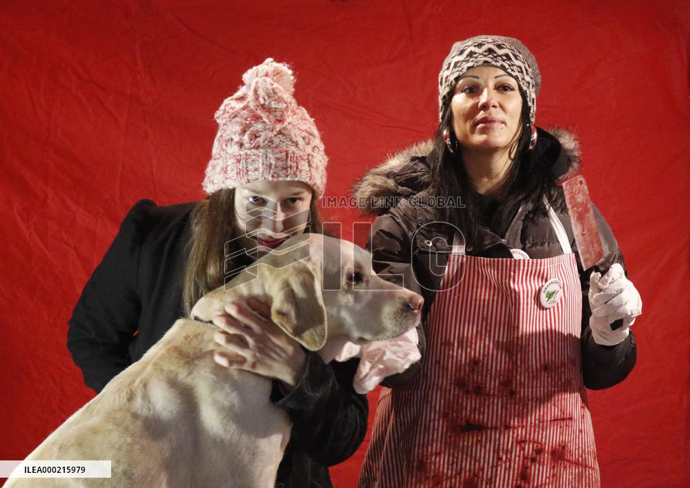 protest happening Selling of Christmas dogs