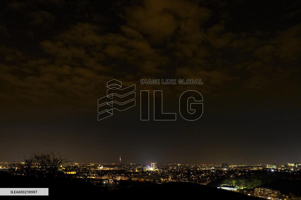 Night Prague, cloud, Podol swimming pool, Zizkov tower