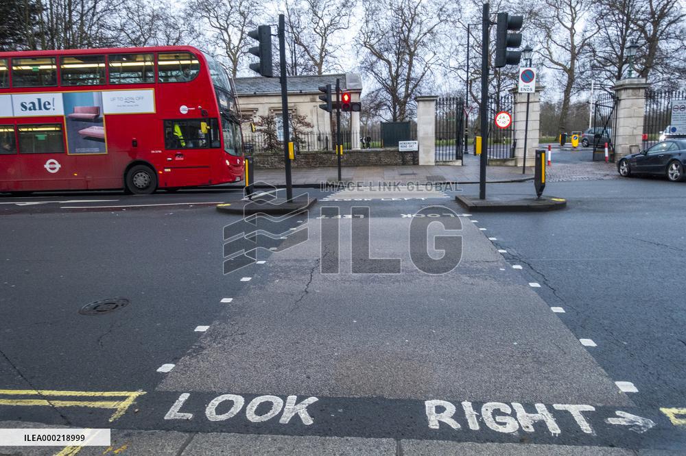 Double-decker bus, pedestrian crossing, crosswalk, look right