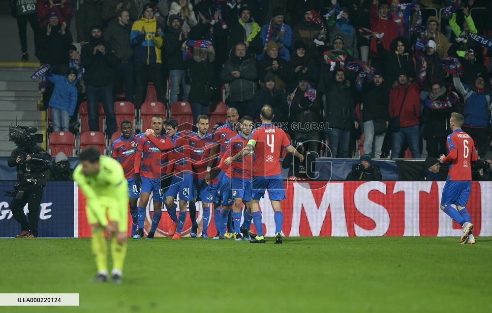 Soccer players of Victoria Plzen celebrate a goal