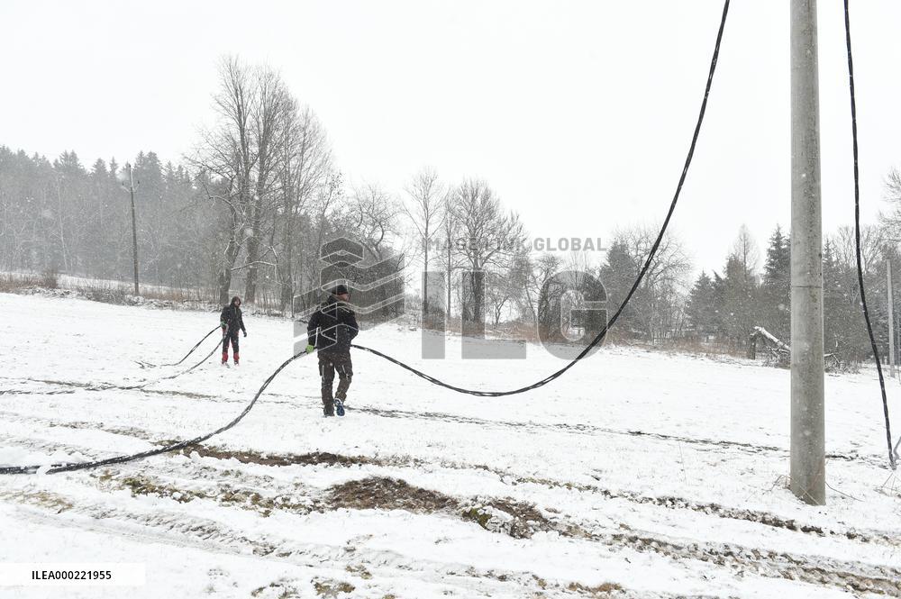 Consequences of night wind storm Eberhard in the Czech Republic, fallen tree, wire electricity, damage