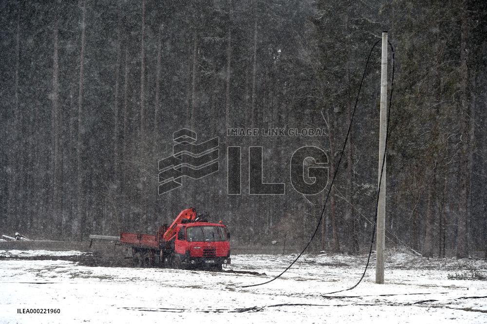 Consequences of night wind storm Eberhard in the Czech Republic, fallen tree, wire electricity, damage
