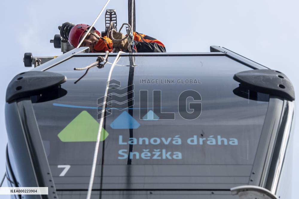 joint exercise of Czech and Polish firefighters on chairlift to Snezka Mountain in the Giant Mountains (Krkonose)
