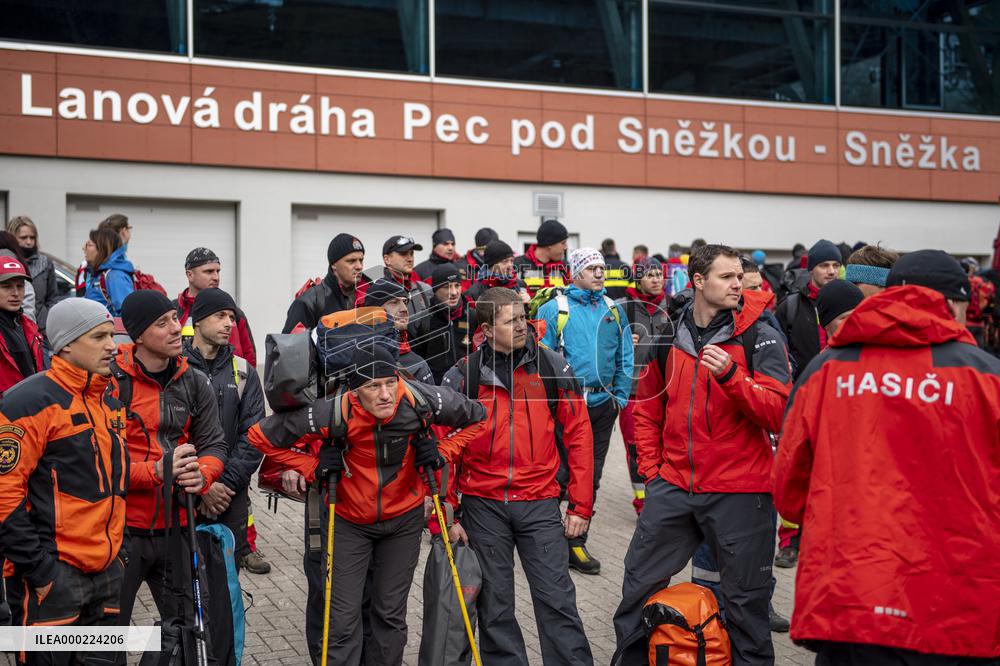joint exercise of Czech and Polish firefighters on chairlift to Snezka Mountain in the Giant Mountains (Krkonose)