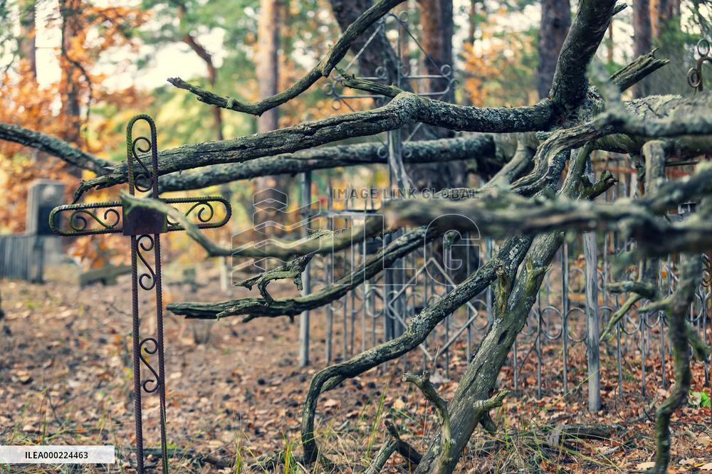 Chernobyl zone, restricted territory, village Krasne, cemetery