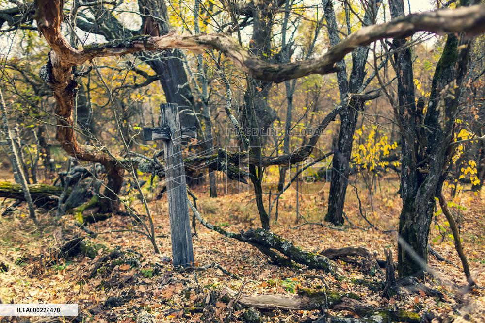 Chernobyl zone, restricted territory, village Krasne, cemetery