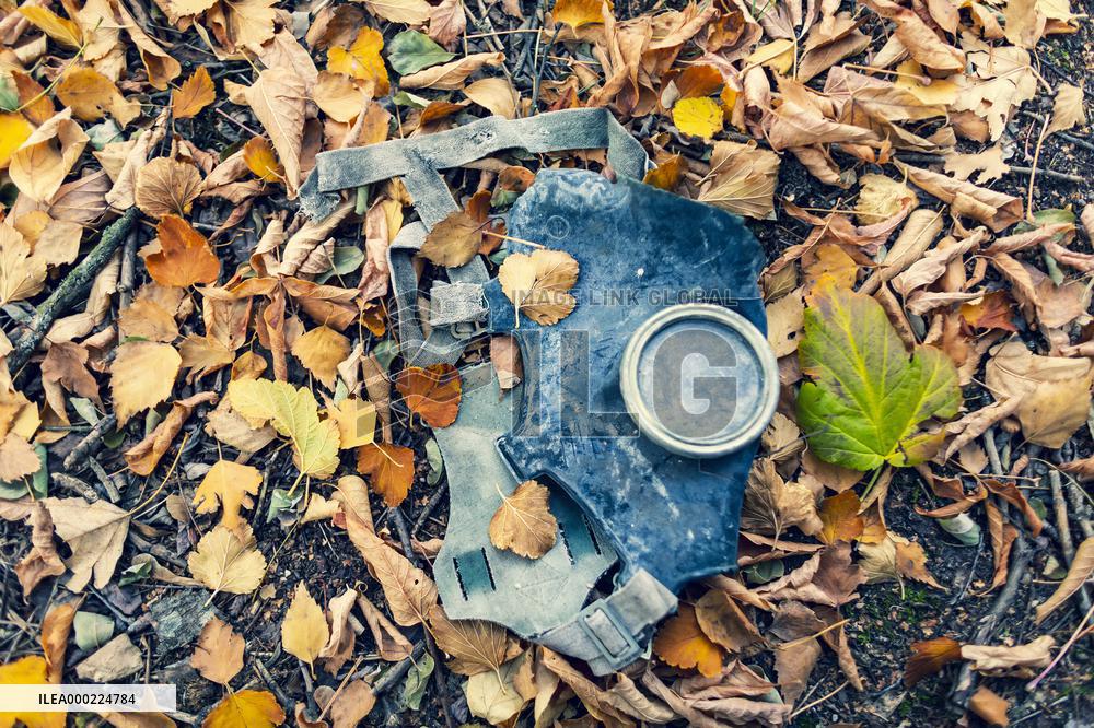 Chernobyl zone, restricted territory, village Masheva, gas mask
