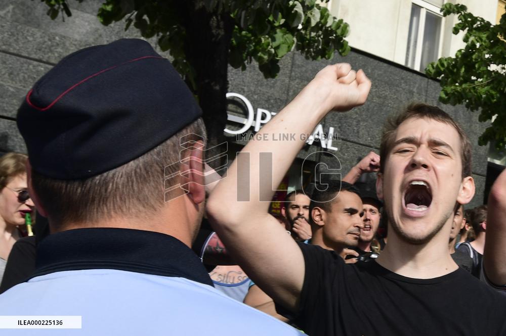 protest against the rally against dictate of the European Union, organised by SPD