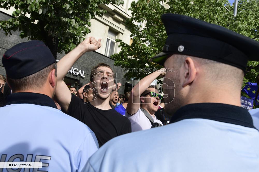 protest against the rally against dictate of the European Union, organised by SPD