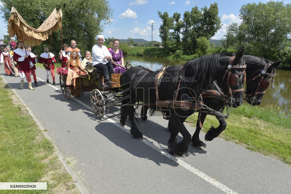 two-day historic royal procession of emperor Charles IV and his suite with crown jewels