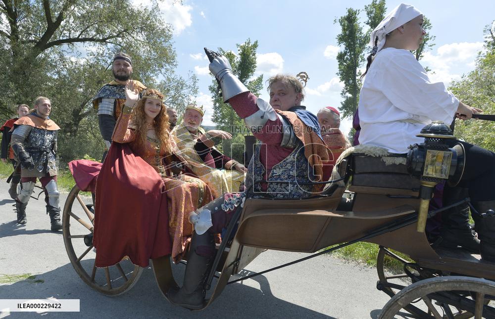 two-day historic royal procession of emperor Charles IV and his suite with crown jewels