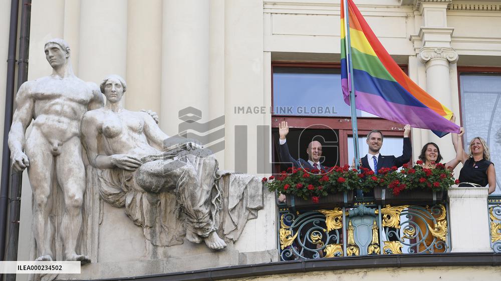 The Prague City Hall , rainbow flag, Prague Pride festival